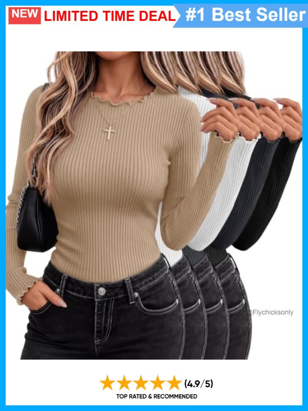 4 Pack Women's Long Sleeve Lettuce Trim Ribbed Tops Slim Fit Crew Neck